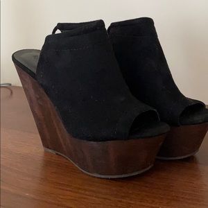 Brown and black suede wedges